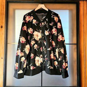 Shein Black w/ Pink Roses Floral Long Sleeve Zip Up Bomber Jacket Plus Size 3X